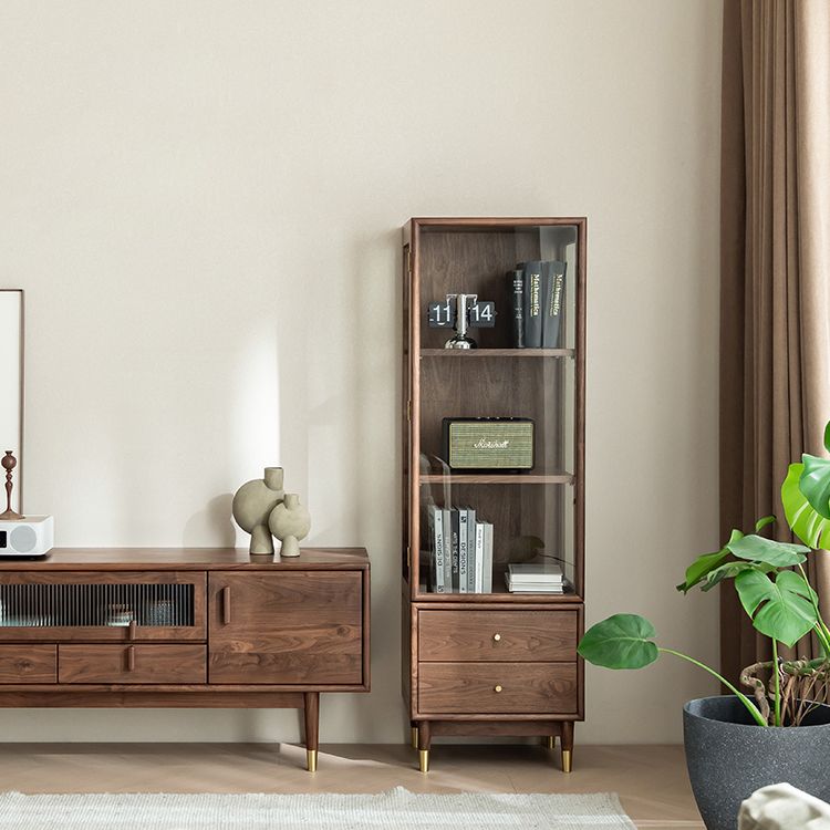 66.9" Tall 2-Drawer Accent Cabinet Solid Wood Glass Paned Side Cabinet in Walnut Brown Clearhalo 'Cabinets & Chests' 'cabinets_chests' 'furn' 'furn_cabinets_chests' 'Furniture' 'Living Room Furniture' 1200x1200_4998b0a5-60fa-441f-92e7-d120614995c4