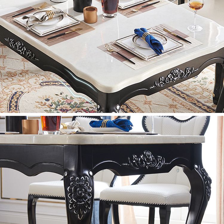 Victorian Style Marble Dining Set with White Rectangle Table and 4 Black Legs Base for Home Use Clearhalo 'Dining Room Sets' 'Dining Tables & Seating' 'dining_room_set' 'furn' 'furn_dining_room_set' 'Furniture' 'furniture_dining_room_set' 'Kitchen & Dining Furniture' 'kitchen&dining_furn' 'kitchen' 1200x1200_499d5851-eb3f-49a1-8aae-87e9722b571c