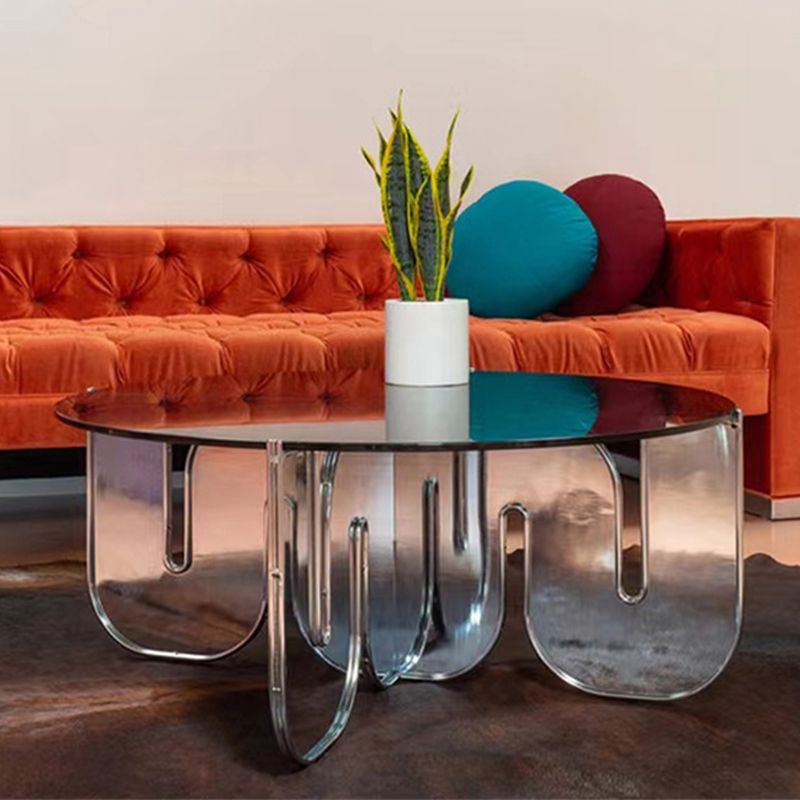 Contemporary Round Coffee Table with Glass Top and Acrylic Cross Base Clearhalo 'Coffee & Accent Tables' 'Coffee Tables' 'coffee_tables' 'furn' 'furn_coffee_tables' 'Furniture' 'Living Room Furniture' 1200x1200_49a8313f-155c-454c-b628-a7e6dd5b9456