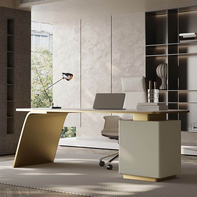 Modern Stone Office Desk Rectangular Shape Task Desk with 2-Legs in White and Gold