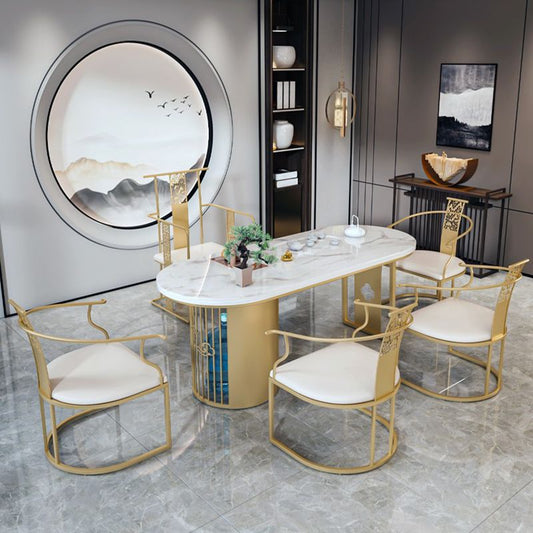 Traditional Luxury Oval Dining Table Sintered Stone Table with Gold Double Pedestal for Dining Room