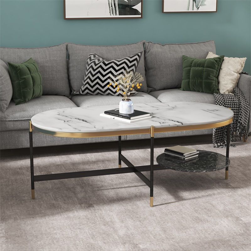 17.7" Tall Modern Metal Cross Leg Base Glass Oval Coffee Table with Shelf Clearhalo 'Coffee & Accent Tables' 'Coffee Tables' 'coffee_tables' 'furn' 'furn_coffee_tables' 'Furniture' 'furniture_coffee_tables' 'Living Room Furniture' 1200x1200_4a08ffbb-d9ae-4900-8301-d248d896f3de