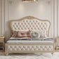 Queen Size Victoriaans houten bedframe getuft gestoffeerd standaardbed in beige