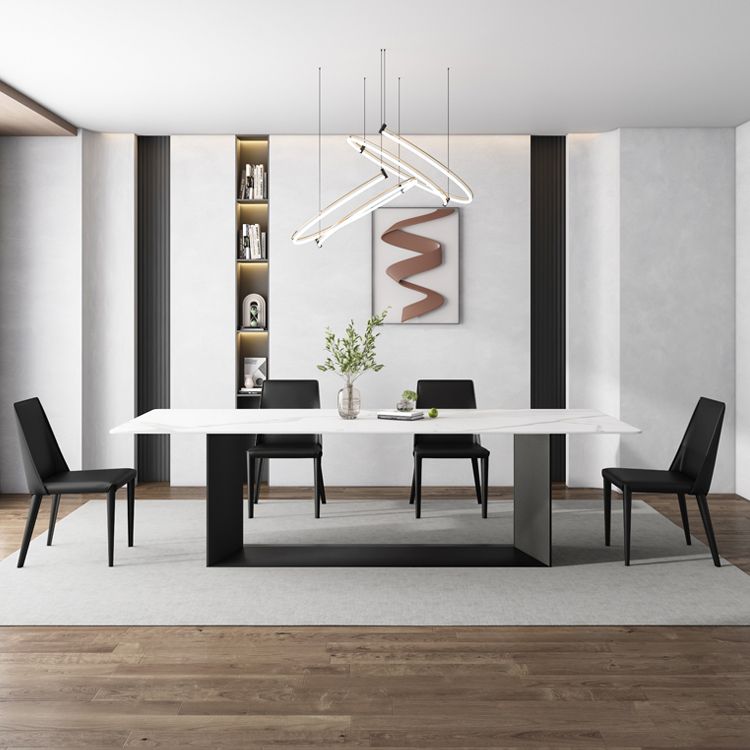 Glam White Kitchen Dining Table Sintered Stone Standard Dining Table with Trestle Base Clearhalo ' dining_table' 'Dining Tables & Seating' 'Dining Tables' 'furn' 'furn_dining_table' 'Furniture' 'furniture_dining_table' 'Kitchen & Dining Furniture' 'kitchen&dining_furn' 'kitchen' 'kitchen_dining_table' 1200x1200_4a2463db-c311-4e54-846d-7afe299bb08a
