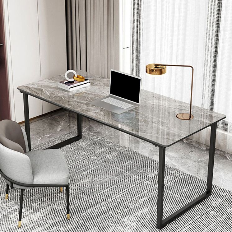 Industrial Office Desk Grey Marble Sled Writing Desk with Metal Legs Clearhalo 'furn' 'furn_office_desk' 'Furniture' 'Office Desks' 'Office Furniture' 'office_desk' 1200x1200_4a608112-4434-4878-b24c-3b50303ce84d