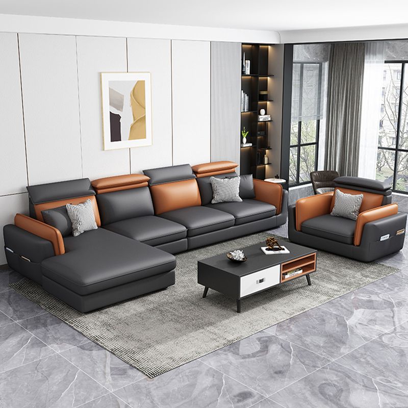 Faux Leather Square Arm Sofa/Sectional with Pillowed Back Cushions, Stain Resistan Clearhalo 'furn' 'furn_sectionals' 'Furniture' 'furniture_sectionals' 'kitchen' 'kitchen_sectionals' 'Living Room Furniture' 'Sectionals' 1200x1200_4ab41903-767c-466b-9d72-3d4a5eaf999b