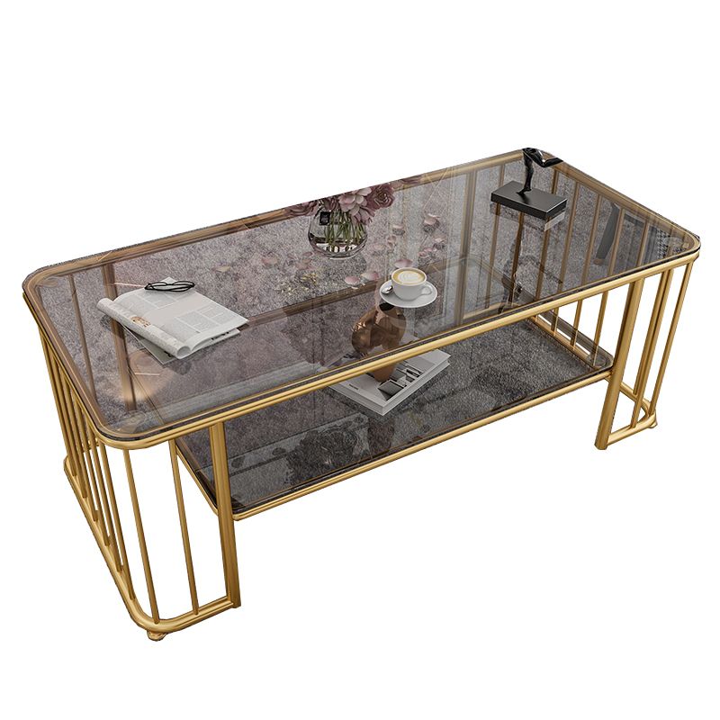 Glam Rectangle Coffee Table with Golden Frame Base and Storage Shelf