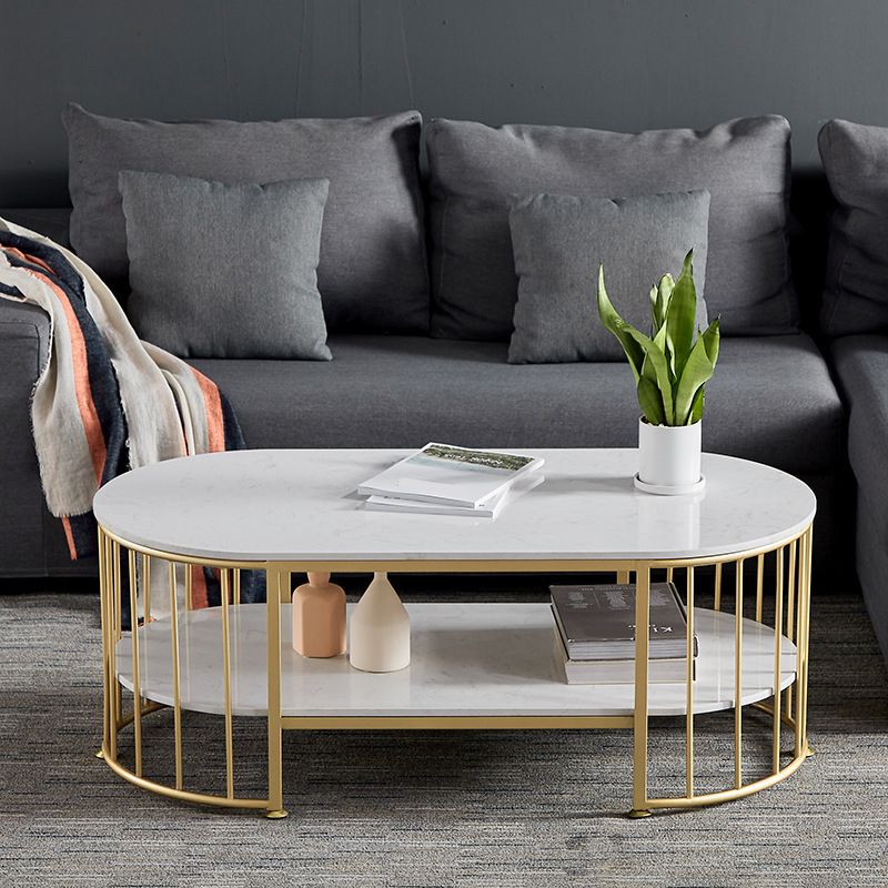 Glam Style Oval Coffee Table with Marble Top and 1 Shelf in White Clearhalo 'Coffee & Accent Tables' 'Coffee Tables' 'coffee_tables' 'furn' 'furn_coffee_tables' 'Furniture' 'Living Room Furniture' 1200x1200_4ac8eedf-5c7e-4301-9eb8-4e0a87ee044e
