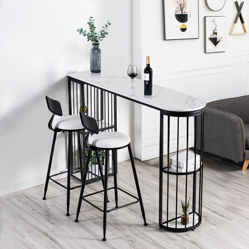Glam White Faux Marble Pub Bar Table Iron Double Pedestal Bar Dining Table with 4-Shelf Clearhalo 'Bar Furniture' 'Bar Tables' 'bar_tables' 'furn' 'furn_bar_tables' 'Furniture' 'furniture_bar_tables' 'Kitchen & Dining Furniture' 1200x1200_4ad97b07-1eb3-413f-bc78-e90468be7265