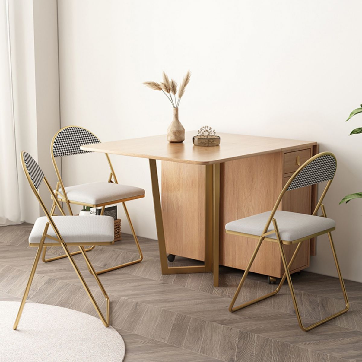 Mesa de comedor rectangular de madera natural, mesa plegable con base de almacenamiento
