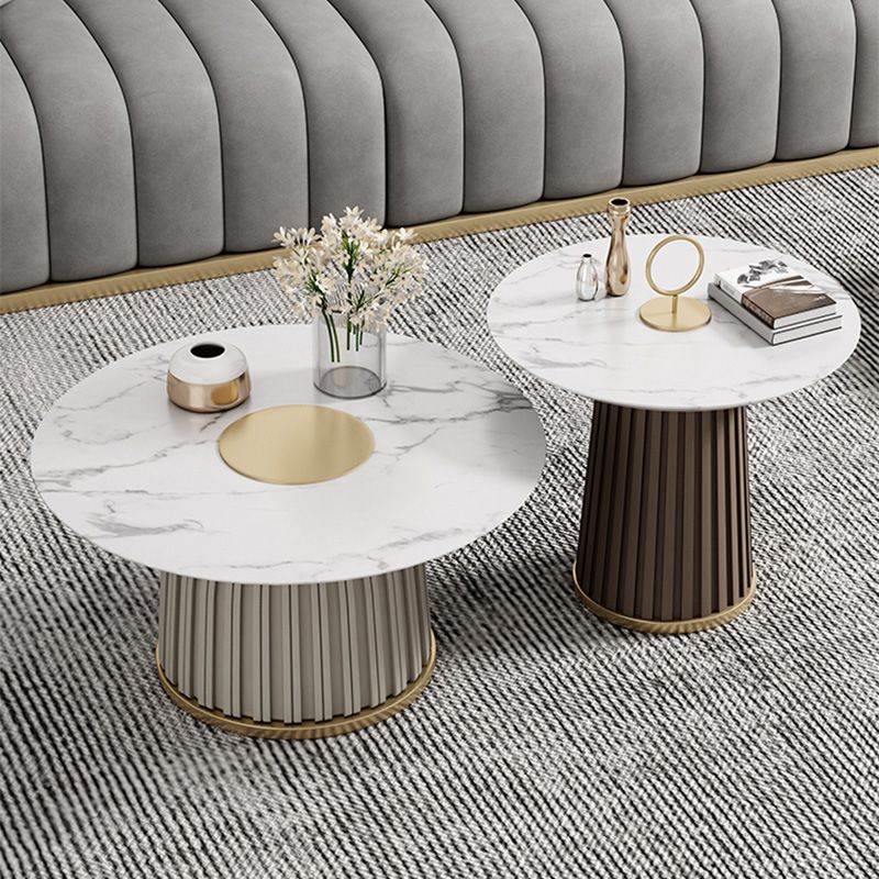 Modern Style Round Coffee Table with Drum Base Metal Design Rock Plate Top