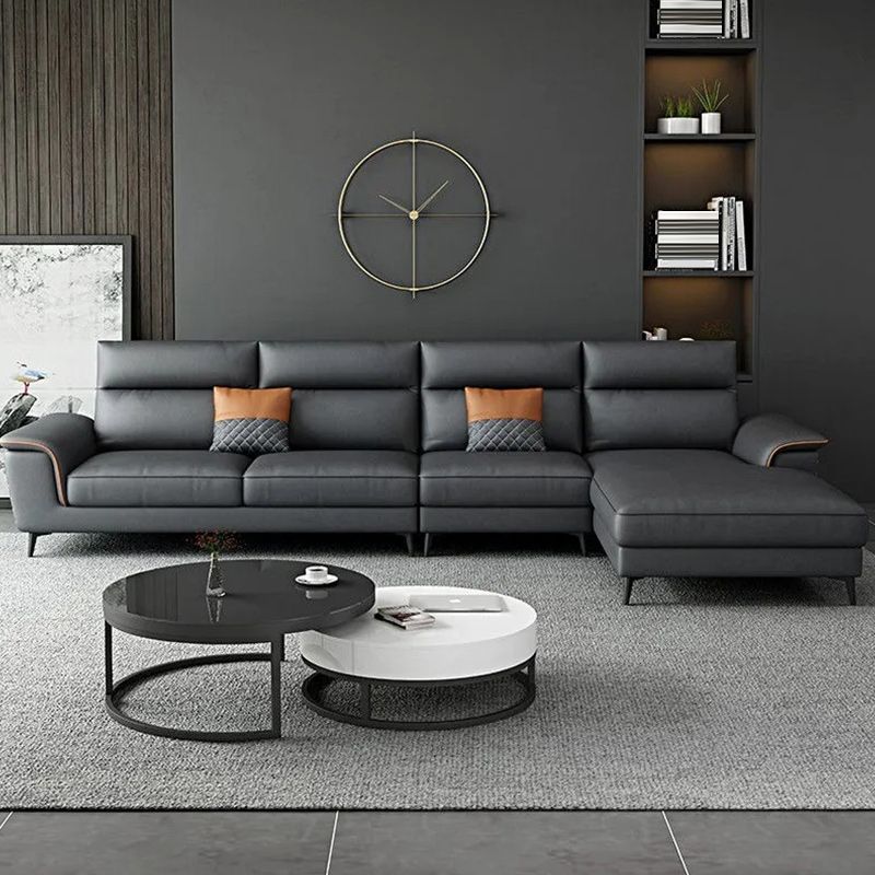 Modern 4-Seater Pillow Top Arm Sofa Faux Leather Sofa with Chaise - 129.9" W Clearhalo 'furn' 'furn_sectionals' 'Furniture' 'Living Room Furniture' 'Sectionals' 1200x1200_4b2b7142-f881-4072-90ae-6a1e081ea3a9