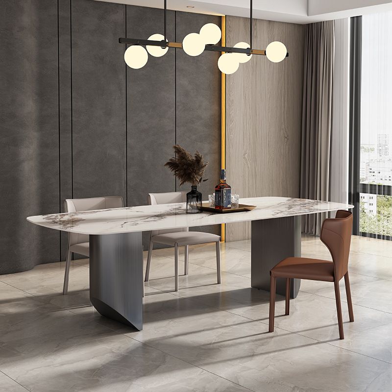 Metal Traditional Luxury Rectangle Table Sintered Stone Table with Double Pedestal Base Clearhalo 'Dining Tables & Seating' 'Dining Tables' 'dining_table' 'furn' 'furn_dining_table' 'Furniture' 'Kitchen & Dining Furniture' 1200x1200_4b359471-6df5-43db-a611-32f625124ce7