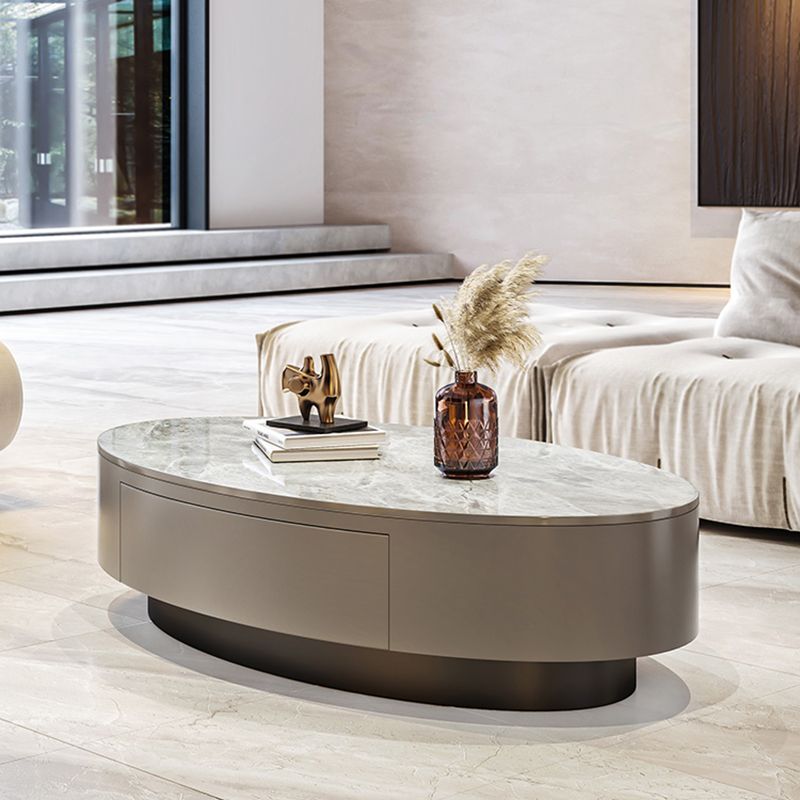 Glam 13.7" H Oval Slate Coffee Table Iron Drum Cocktail Table with Drawer Clearhalo 'Coffee & Accent Tables' 'Coffee Tables' 'coffee_tables' 'furn' 'furn_coffee_tables' 'Furniture' 'Living Room Furniture' 1200x1200_4b446511-ef42-4258-916d-18ae5cf4690d