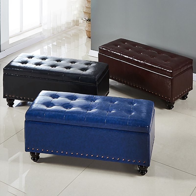 Contemporary Pouf Ottoman PU Leather Nailhead Trim Tufted Square Ottoman with Storage