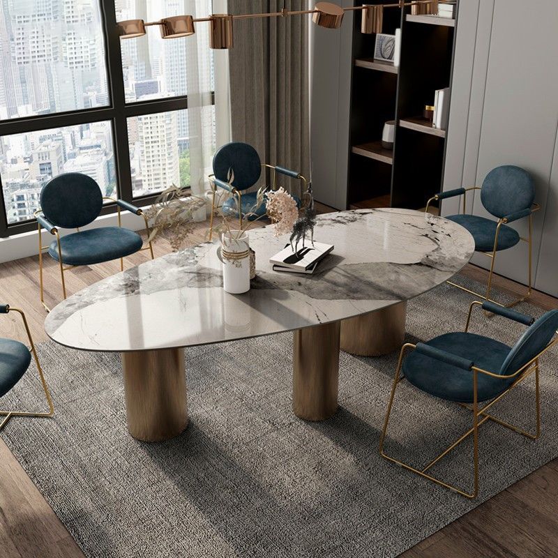 Luxury White Oval Stone Tabletop Dining Table with Gold Round Base