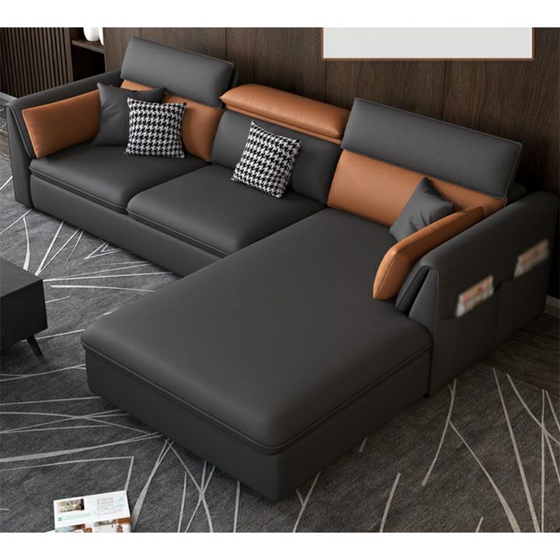 Stain-Resistant Faux Leather Flared Arm Sectional with Pillowed Back Cushions Clearhalo 'furn' 'furn_sectionals' 'Furniture' 'furniture_sectionals' 'kitchen' 'kitchen_sectionals' 'Living Room Furniture' 'Sectionals' 1200x1200_4bb86fab-ce6e-4a3a-9a08-ee8ba351850f
