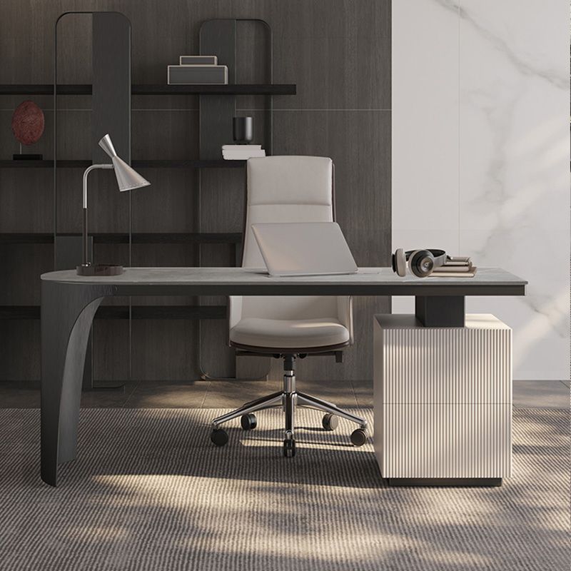 Stone Peninsula Office Desk 2 Drawers 27.56" Tall Writing Desk Clearhalo 'furn' 'furn_office_desk' 'Furniture' 'Office Desks' 'Office Furniture' 'office_desk' 1200x1200_4bbe3b14-9a4e-42c9-bb10-fd9db091187b