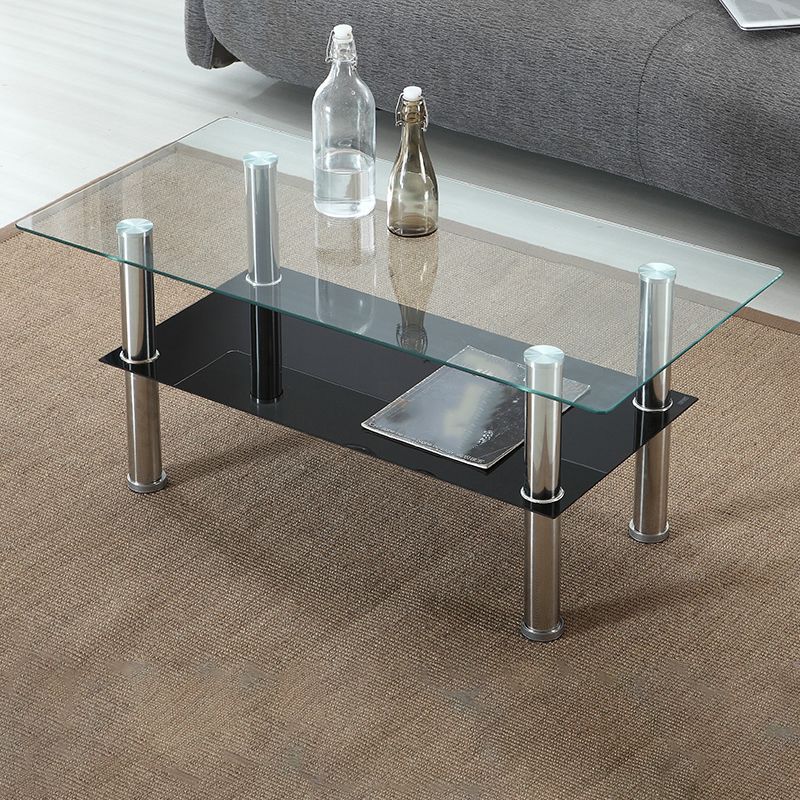 16.9" Tall Modern Stainless Steel 4 Legs Rectangular Glass Top Coffee Table with Shelf Clearhalo 'Coffee & Accent Tables' 'Coffee Tables' 'coffee_tables' 'furn' 'furn_coffee_tables' 'Furniture' 'Living Room Furniture' 1200x1200_4be42986-7342-4a88-a328-2ec7af73f5a9