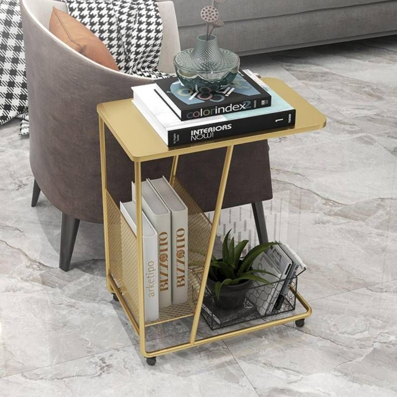 Modern Rectangular Side Table 19.7" x 11.8" x 22.8" Metal/Stone End Table with Casters