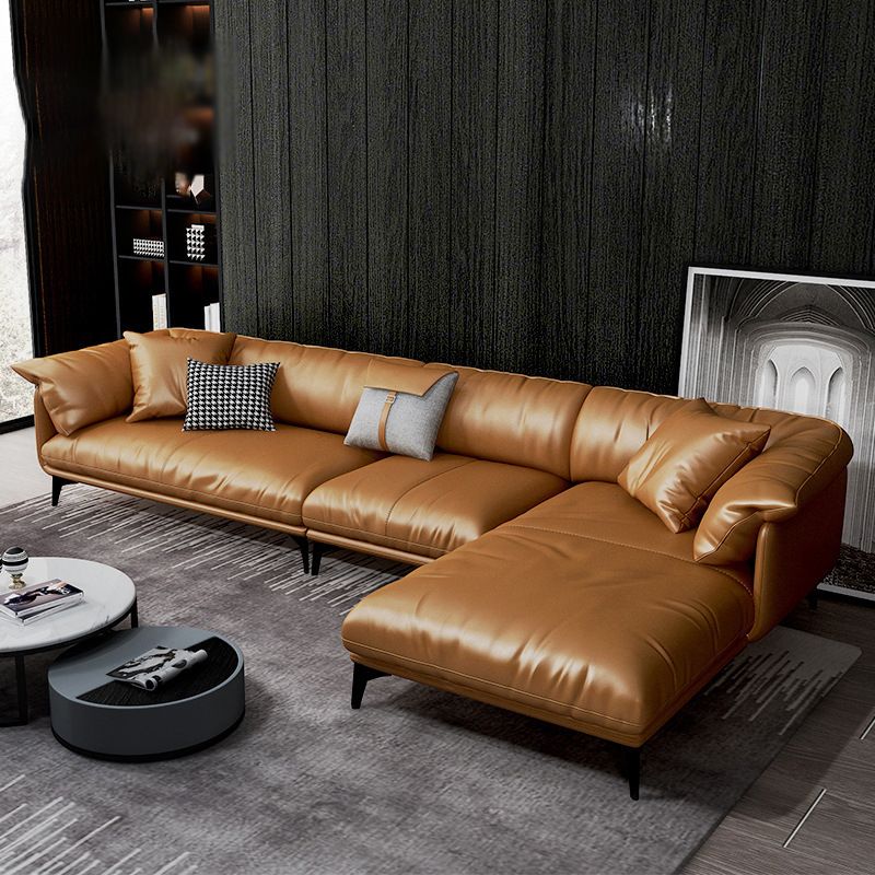 Tan Cushion Back Contemporary Stain-Resistant Genuine Leather Sofa Clearhalo 'furn' 'furn_sectionals' 'Furniture' 'furniture_sectionals' 'kitchen' 'kitchen_sectionals' 'Living Room Furniture' 'Sectionals' 1200x1200_4c08986f-b17c-4956-8092-ef8ebe28859e