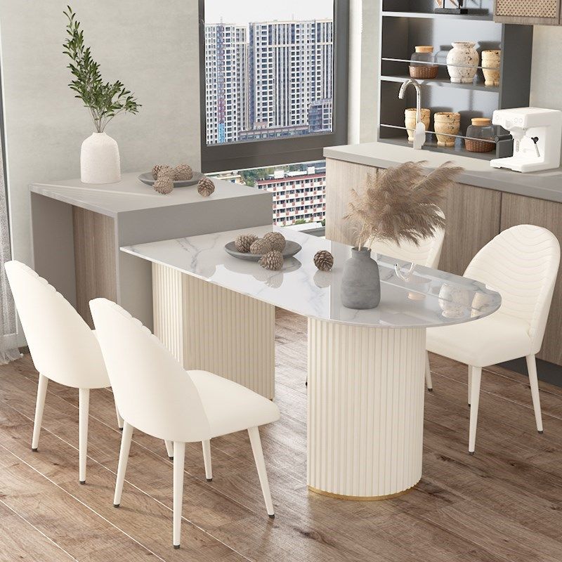Modern Oval Dining Table Stone and Metal Double Pedestal Dining Table in White Clearhalo 'Dining Tables & Seating' 'Dining Tables' 'dining_table' 'furn' 'furn_dining_table' 'Furniture' 'furniture_dining_table' 'Kitchen & Dining Furniture' 1200x1200_4c0914b8-9cf9-419d-b4f6-c773267dbdf3