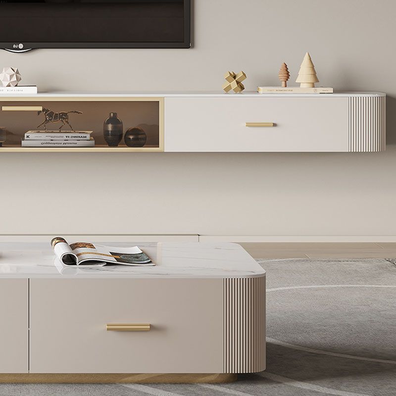 Hedendaagse witte drijvende tv-standaard 7,87-inch hoog met stenen tv-console met 2 laden