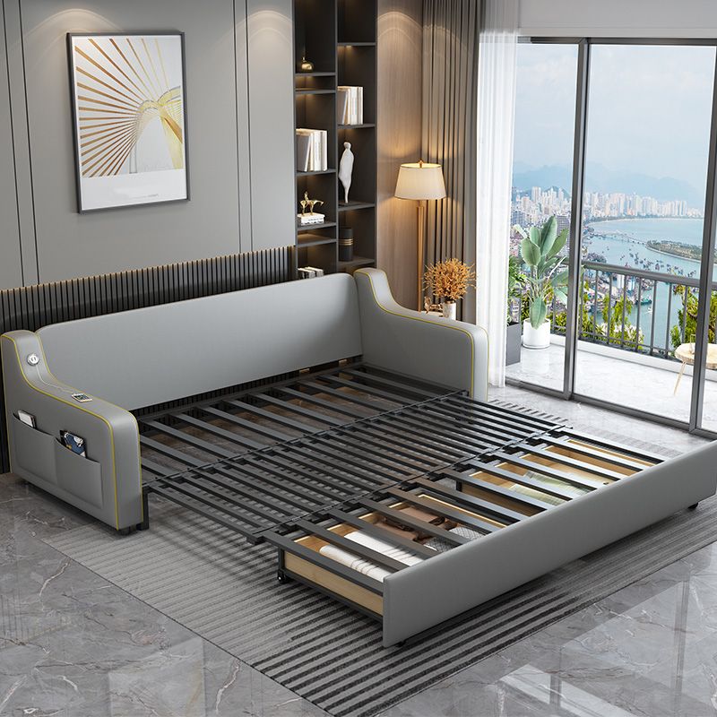 Contemporary Grey Bonded Leather Sleeper Sofa with Box and Cushion Back Clearhalo 'furn' 'furn_futons' 'Furniture' 'Futons & Daybeds' 'Futons' 'Living Room Furniture' 1200x1200_4c14b3da-2e08-439b-a546-da1a7dec8426