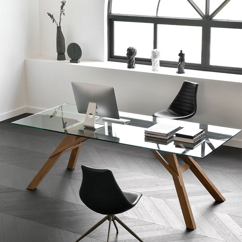 Table à manger en verre en verre moderne avec base en bois massif