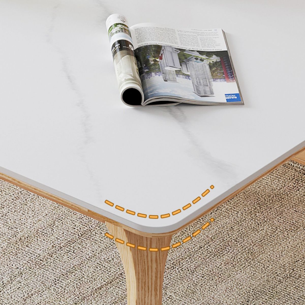 Modern White Rectangular Stone Top Dining Table with 4 Ash Legs