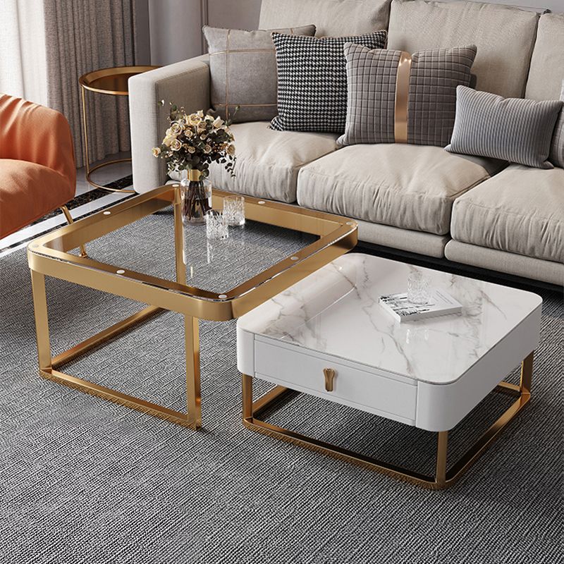 Gold Frame Metal Iron Base Design with Drawer Square Coffee Table Clearhalo 'Coffee & Accent Tables' 'Coffee Tables' 'coffee_tables' 'furn' 'furn_coffee_tables' 'Furniture' 'furniture_coffee_tables' 'Living Room Furniture' 1200x1200_4c535542-c24f-49df-bf26-e527f47e8091