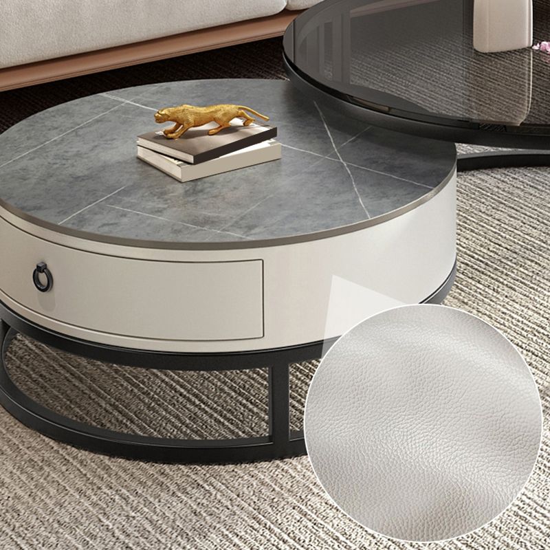 Table basse ronde avec plateau en verre, ensemble de 2 tables basses gigognes avec rangement