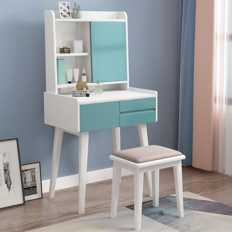 Solid Wood Vanity Table Set 3-Drawer Makeup Vanity Table with Mirror and Stool Clearhalo 'Bedroom Furniture' 'furn' 'furn_makeup_vanities' 'Furniture' 'Makeup Vanities' 'makeup_vanities' 1200x1200_4ca28a51-5529-48b3-a0ea-bbbf85a81122