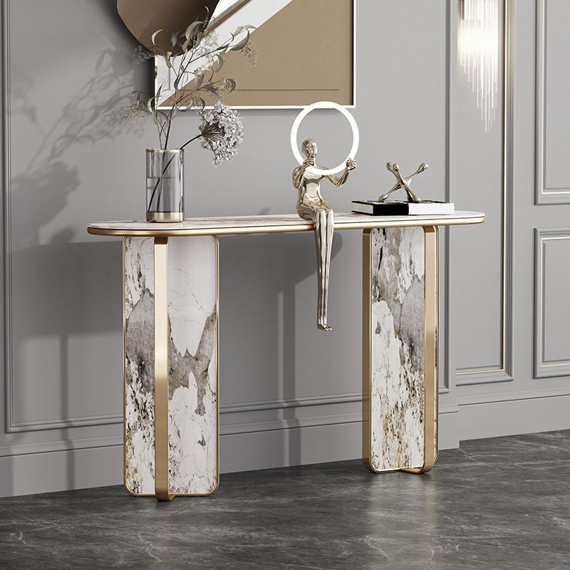 Stone Oval Console Table 33.46" Tall 1-shelf Accent Table for Hall Clearhalo 'Console Tables' 'console_tables' 'Entry & Mudroom Furniture' 'furn' 'furn_console_tables' 'Furniture' 1200x1200_4caae56c-f92d-461c-9711-29893f6f88ef