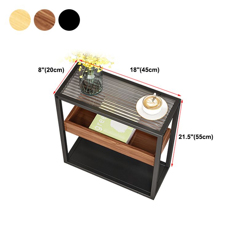 21.6" Tall Modern Rectangular Glass Top Side Table Iron Frame End Table with Shelves