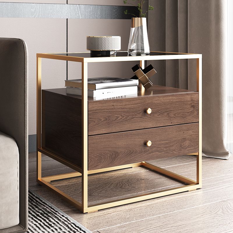 21.25" Tall Rectangular Glass Top Side Table Iron Frame 2-Drawer End Table