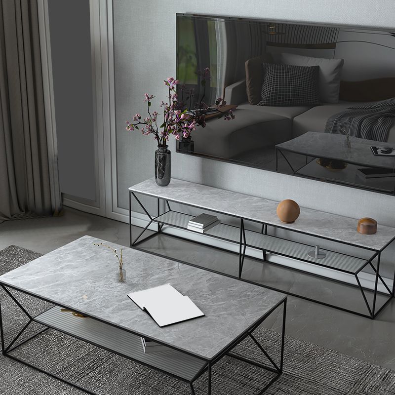 Console TV contemporanea in pietra con contenitore aperto e 2 ripiani