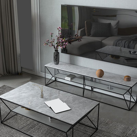 Console multimediale di pietra contemporanea Open Storage 2 ripiani TV console