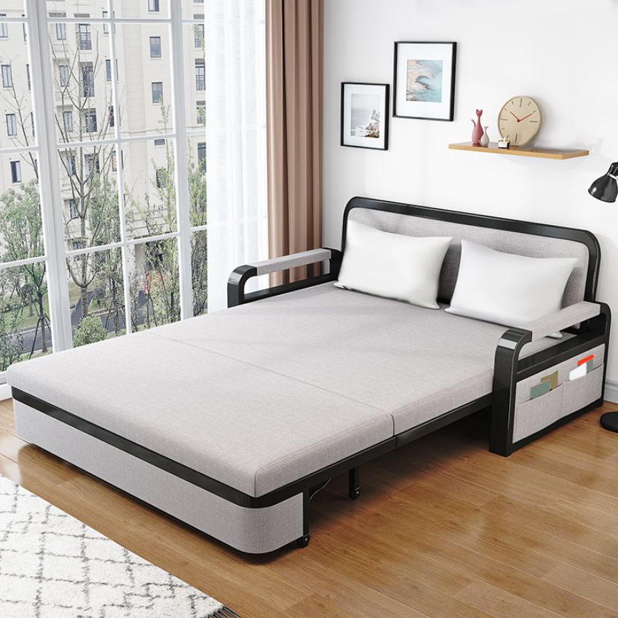 Tessuto moderno di divano futon con cuscino di stoccaggio posteriore braccia quadrata.