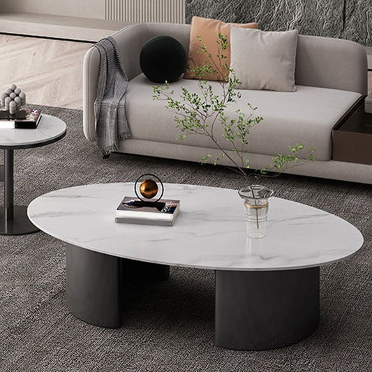 Glam 15.7" H Oval Slate Coffee Table Iron 2 Legs Cocktail Table