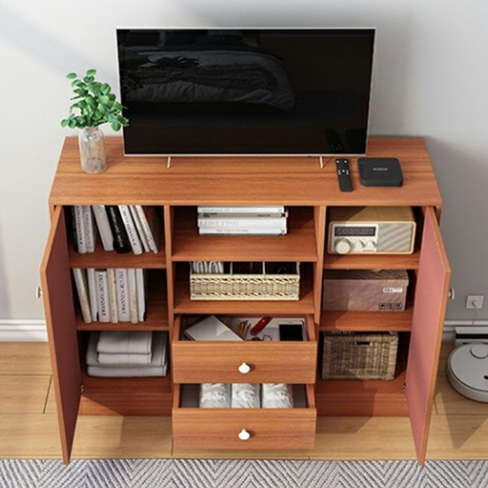 Contemporary TV Stand Console Wooden TV Stand with Drawers and Doors , 12" D X 31.5" H Clearhalo 'furn' 'furn_tv_stands_entertainment_centers' 'Furniture' 'Living Room Furniture' 'TV Stands & Entertainment Centers' 'TV Stands & Media Storage Furniture' 'tv_stands_entertainment_centers' 1200x1200_4d450c19-ce41-41ac-89f0-a3f01200a567