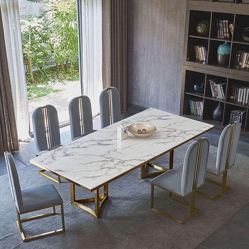 Mesa de comedor rectangular de pedestal de lujo tradicional con base de metal