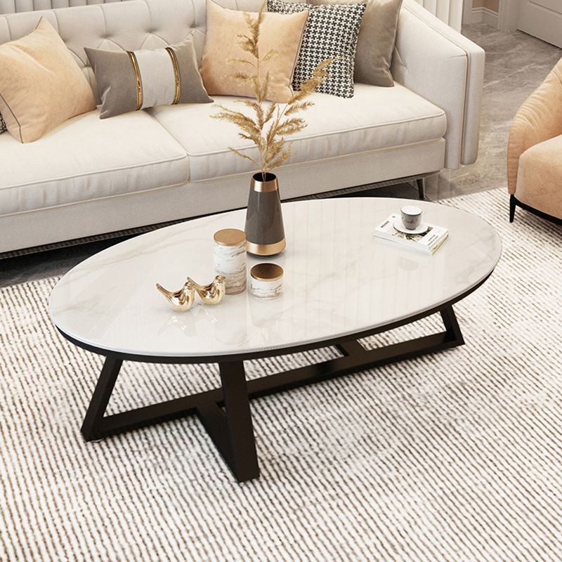 Cross Legs Coffee Table with Stone Oval Top and Iron Base Cocktail Table Clearhalo 'Coffee & Accent Tables' 'Coffee Tables' 'coffee_tables' 'furn' 'furn_coffee_tables' 'Furniture' 'Living Room Furniture' 1200x1200_4d547b93-2ae9-4df8-968d-46bb4c05f94b