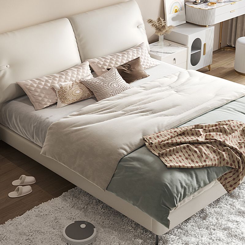 Cama moderna de la cama de cuero genuino de cuero cama de panel de madera de pino con cabecera tapizada