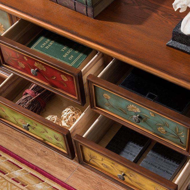 Console multimediale tradizionale in legno di gomma, supporto TV con finitura opaca e cassetti