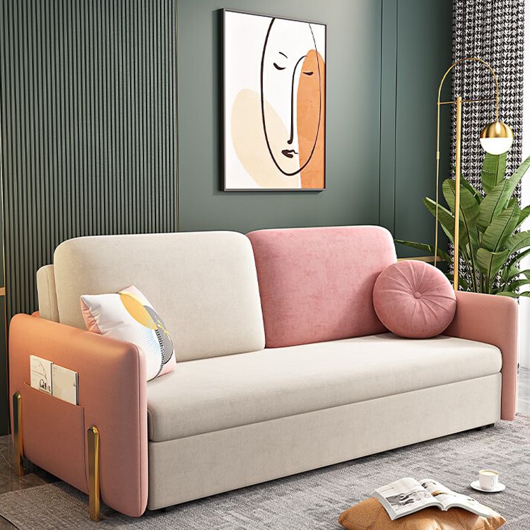 Square Arms Futon Foldable Pillow Included Pink Sleeper Sofa with Storage