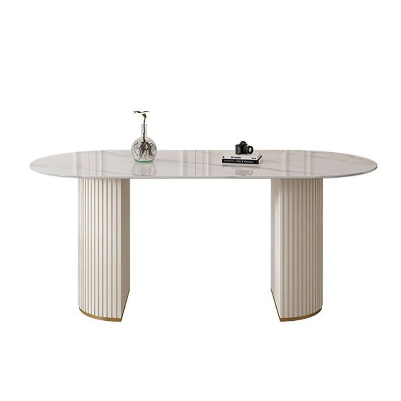 Modern Oval Dining Table Stone and Metal Double Pedestal Dining Table in White Clearhalo 'Dining Tables & Seating' 'Dining Tables' 'dining_table' 'furn' 'furn_dining_table' 'Furniture' 'furniture_dining_table' 'Kitchen & Dining Furniture' 1200x1200_4dbaa5f2-cba3-4ded-8456-3a15a34b2797