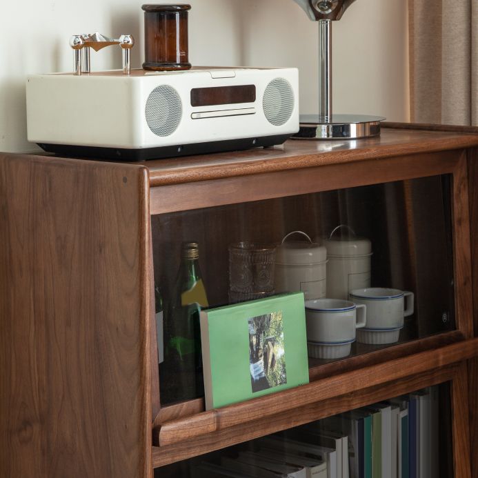 Modern Living Room Floor Cabinet Solid Wood Glass Doors with Lighting