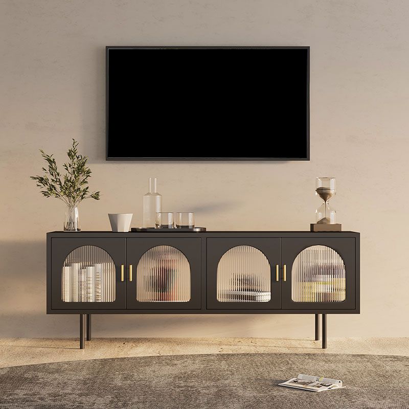 Support TV industriel 4 portes, console TV en métal et verre