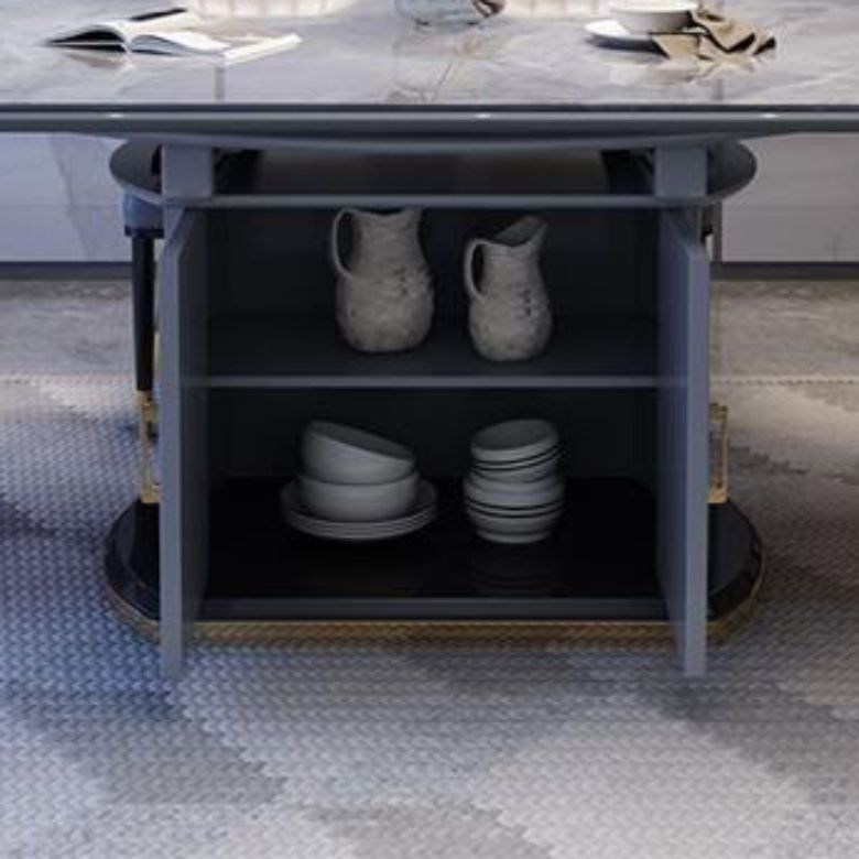 Modern Round Stone Top Dining Table Double Pedestal Metal Base in Grey